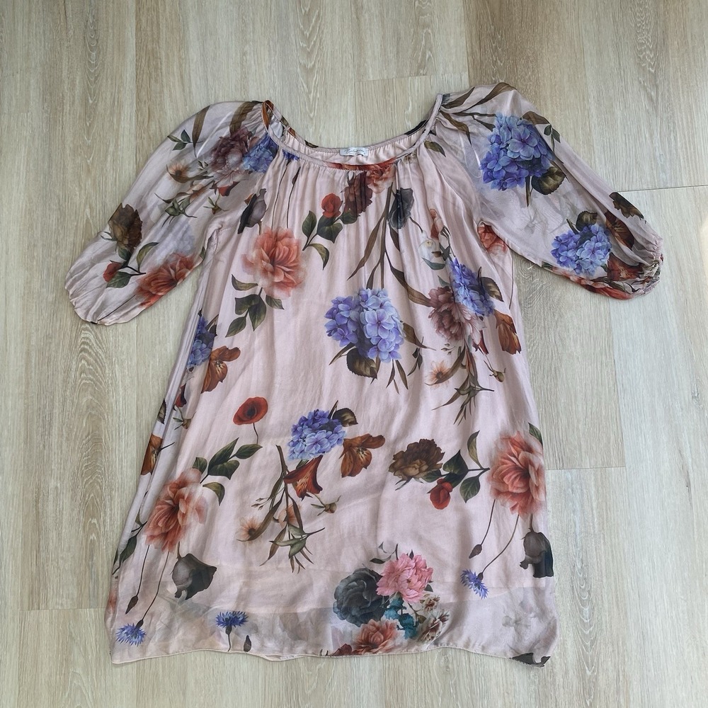 Bellambra Silk Chiffon Blend Made In Italy Floral Whimsical Dress in Blush SZ S